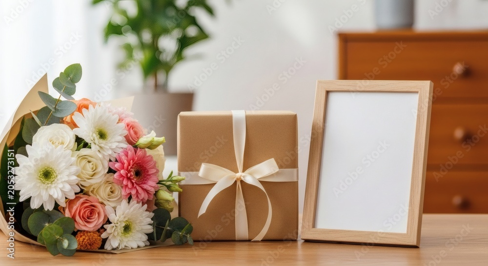 Obraz premium Elegant Flower Bouquet, Wrapped Gift Box, and Blank Wooden Photo Frame Mockup