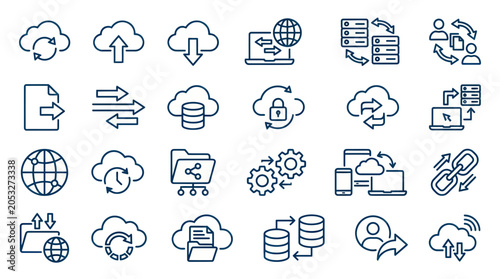 Cuadro en lienzo Cloud Computing Icons: Data Transfer, Storage, Security, Networking, Synching