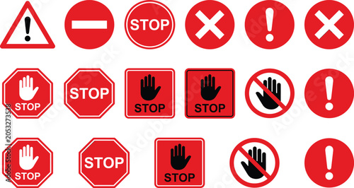 Fotografie Red stop sign collection with road traffic warning symbols error alerts and forb