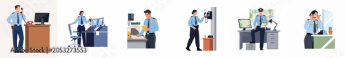 Various illustrations of police officers and dispatchers performing their duties at the station, including answering calls and managing paperwork.