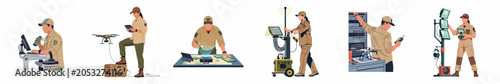 A set of vector illustrations depicting professional operators in khaki uniforms managing advanced surveillance technology, drones, and communication systems in tactical environments.