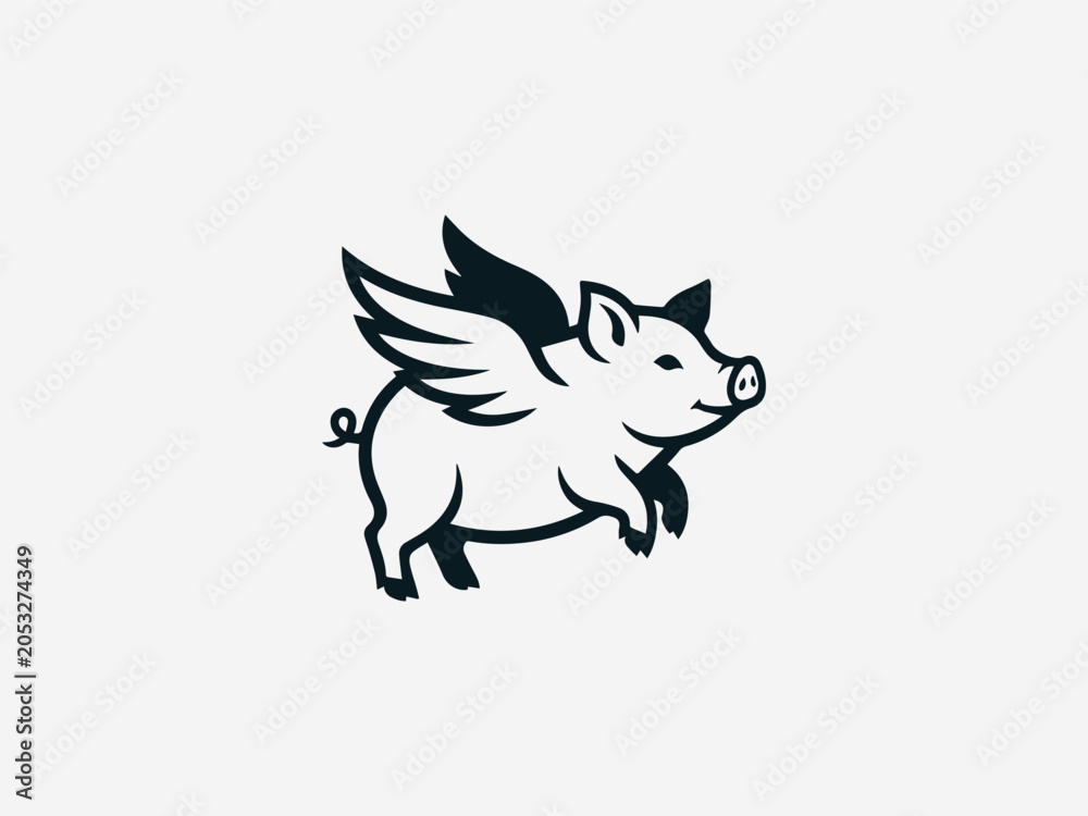 Obraz premium Flying Pig black vector logo illustration on white background