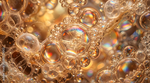 Macro shot of iridescent bubbles floating.