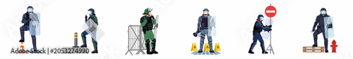 Konstfotografi Vector illustration set of riot police officers in protective gear with shields, helmets, and urban control equipment isolated on a white background