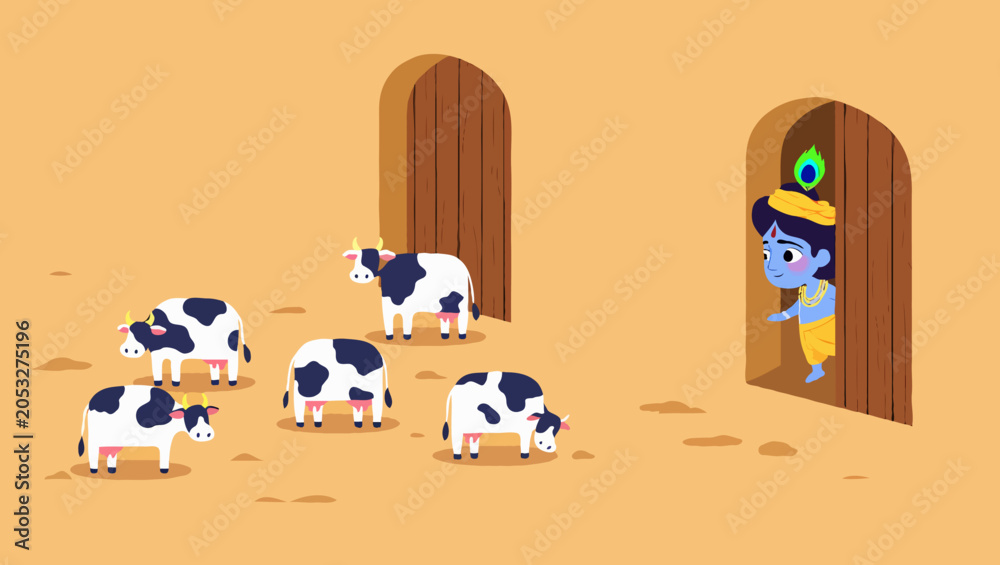 Fototapeta premium Cartoon illustration krishna with cows standing near the door a house