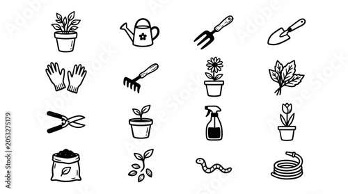 Quadro su tela Gardening Icons Set: Plants, Tools, and Supplies