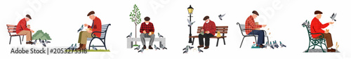 Collection of flat vector illustrations depicting an elderly man sitting on a park bench and feeding pigeons in various outdoor settings.