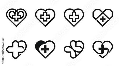Foto Heart Cross Medical Icons Set: Health, Care, Love, Life Symbols