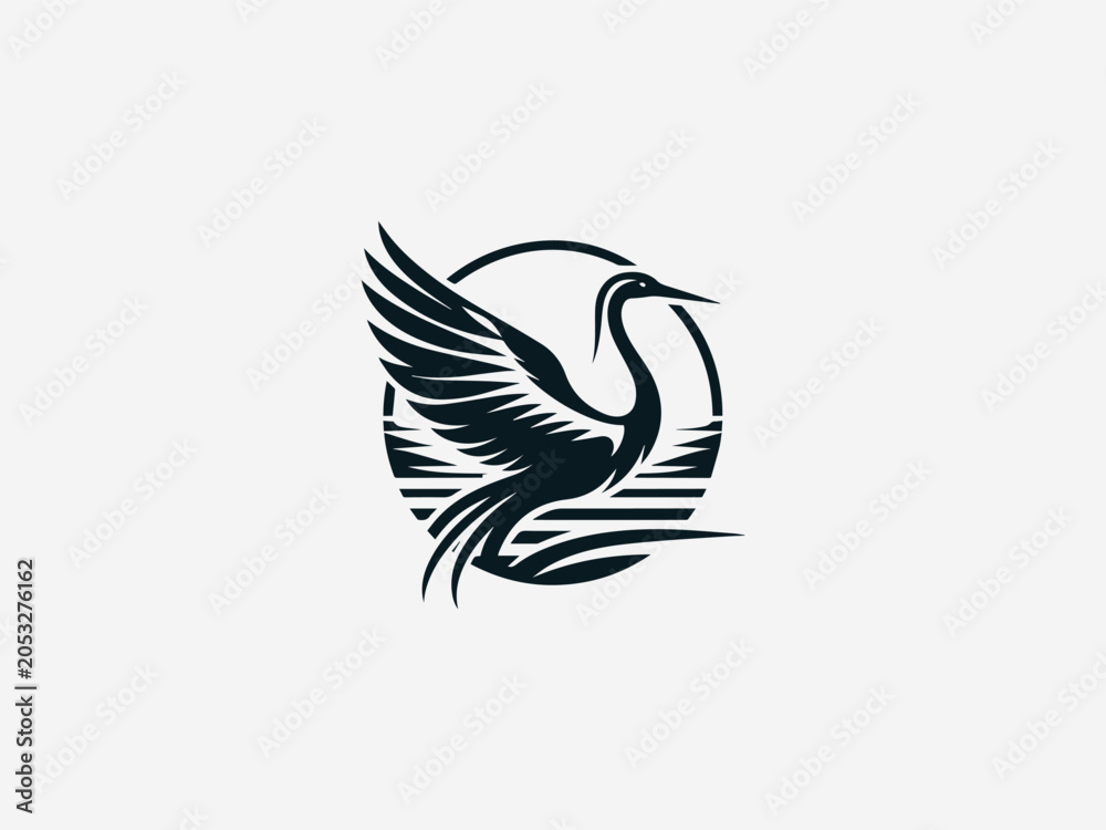 Obraz premium Epic Crane Sunrise Heron Bird black vector logo illustration on white background
