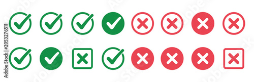Foto Check tick mark icon set illustrating approval, rejection, and checklist status indicators