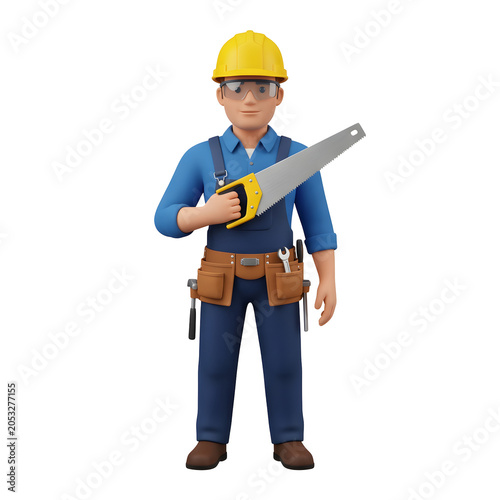 3D Render of a Construction Worker Holding a Saw