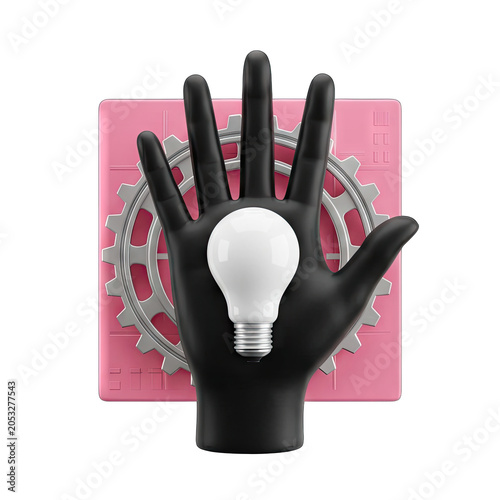 Black Hand Holding a Light Bulb with Gear and Pink Square Background