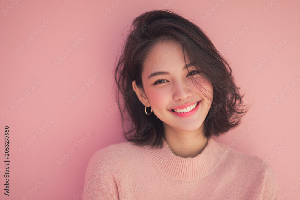 Fototapeta premium Elegant woman smiling face with soft pastel background