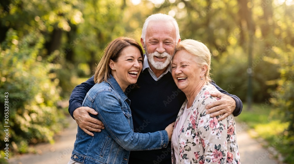 Fototapeta premium Happy adult daughter hugging senior parents outdoors
