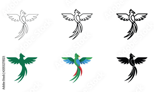 Stylized bird of paradise or phoenix in multiple artistic representations