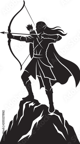 Foto Archer silhouette standing on rocky mountain with drawn bow.
