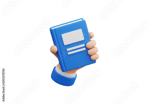 3d icon of 3d cartoon hand holding a blue book isolated on transparent background