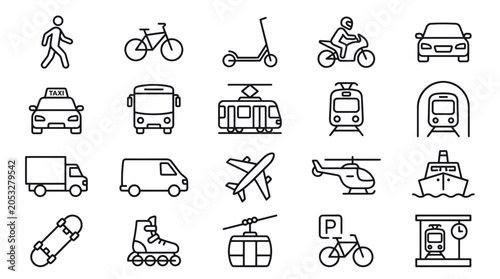 Transportation Icons Set: Vehicles, Pedestrian, Public Transport, Urban Mobility