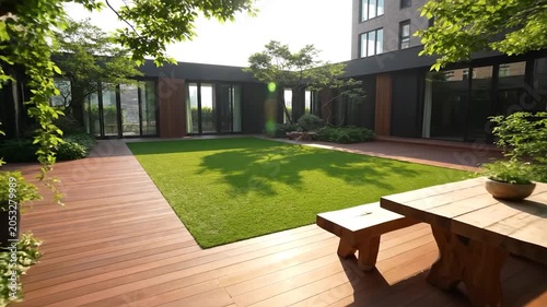 Luxurious modern rooftop courtyard with wooden deck outdoor furniture and lush green lawn in bright sunlight