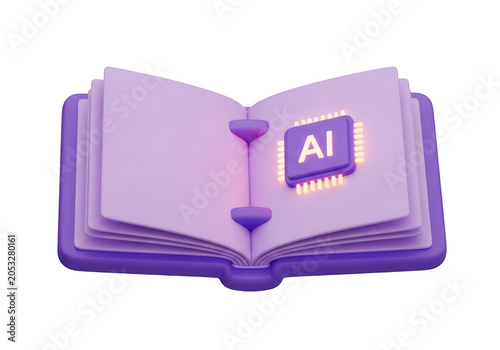 3d icon of open purple book with ai chip symbol on transparent background