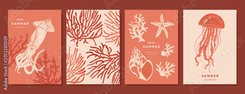 Photography abstract colorful coral reef ocean drawing with see animal Card set design for wedding invitation card, happy birthday , summer ads
