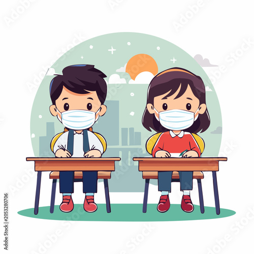 Children wearing face masks in a classroom