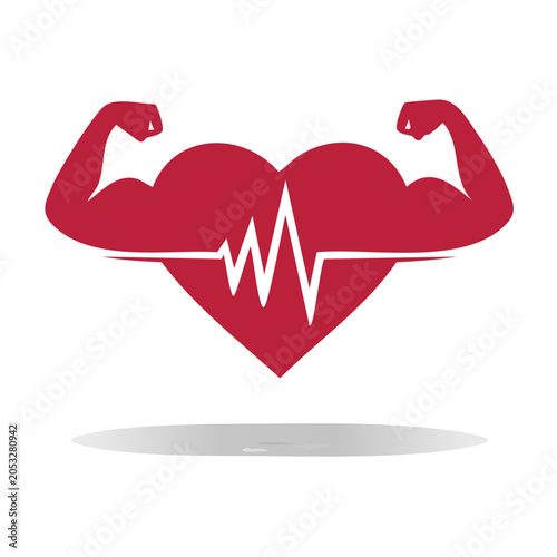 Red heart with muscle arms and heartbeat line icon