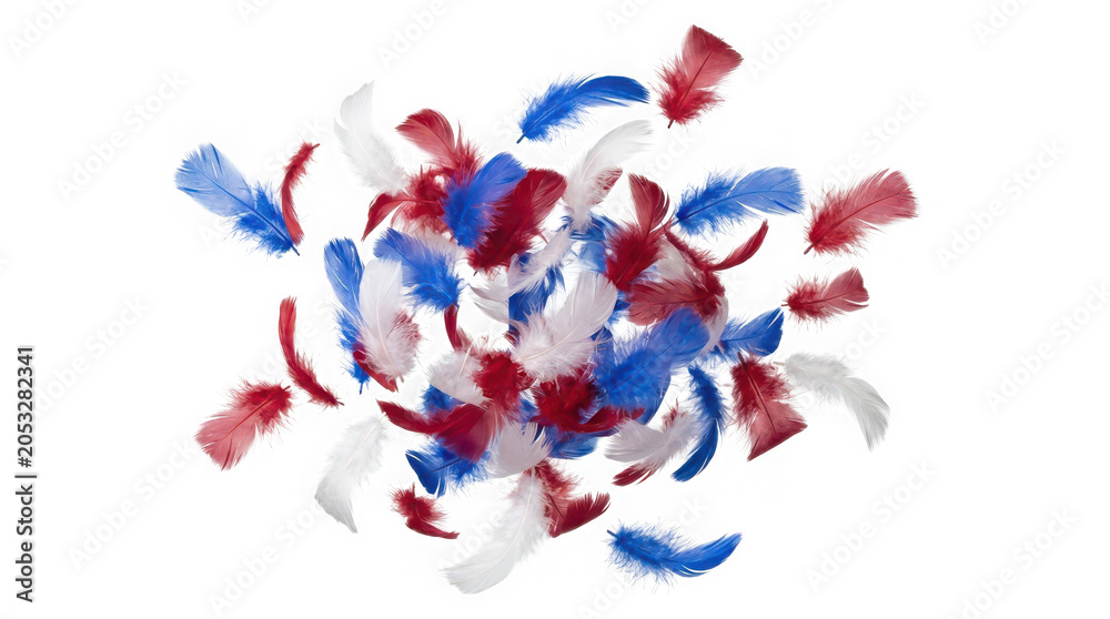 Obraz premium Floating composition of fluffy red white and blue decorative craft feathers isolated on transparent background