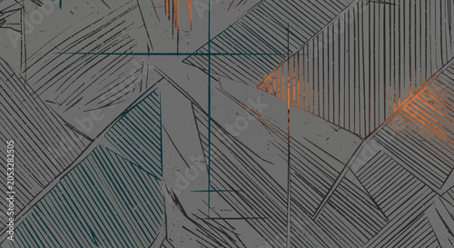 Abstract Geometric Line Art Background with Hand Drawn Textures and Minimalist Dark Grey Motif Featuring Subtle Orange and Teal Color Accents