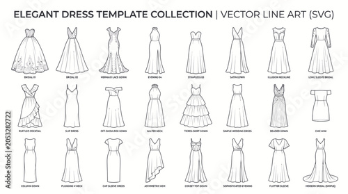 Obraz na plátne Elegant Dress Line Art Templates Collection - Vector Fashion Designs
