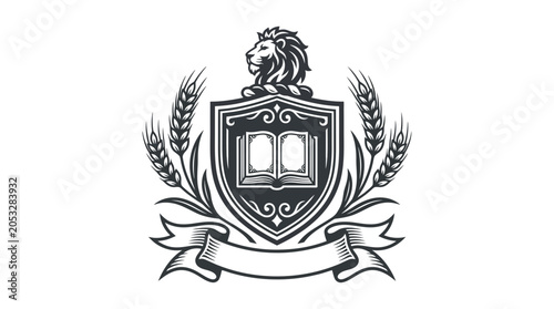 Academic heraldic crest with lion book and wheat ears.