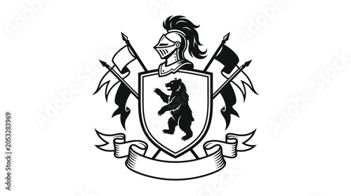 Bear crest with knight helmet and flags.
