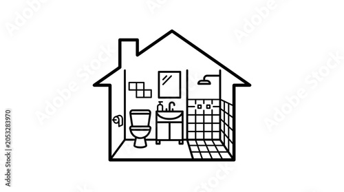 Bathroom interior cross section line art illustration.