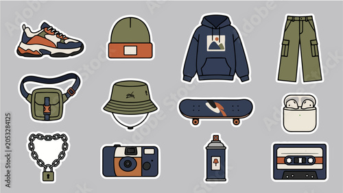 Urban Streetwear Sticker Set Sneaker Hoodie Skateboard Camera Cassette Spray Paint Accessories Flat Vector Illustration