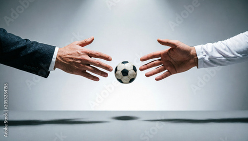 Business hands reaching for a football in mid-air, symbolizing soccer business deals, player transfers, sports commercialization, and competition in professional football industry.