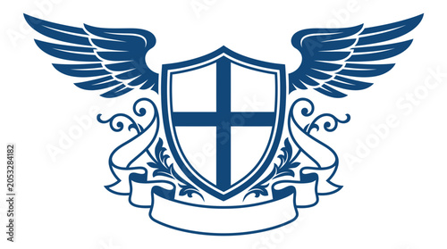 Canvastavla Blue winged shield crest with cross and banner.