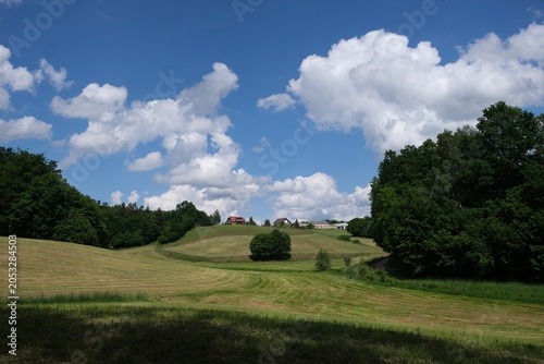 Fotografie Amazing scenery of rural kashubian landscape with green fields and clouds on blue sky in summer day