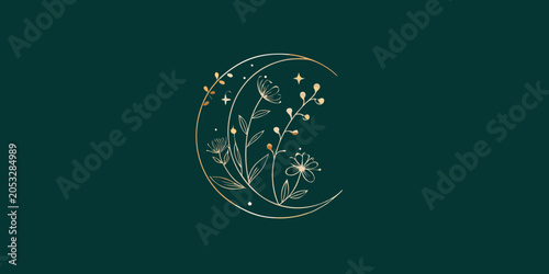 Floral ornament with crescent moon golden line art on dark teal background