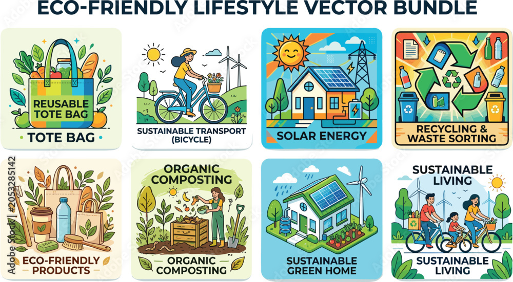 Fototapeta premium Eco Friendly Lifestyle Vector Bundle with Recycling Renewable Energy and Sustainable Living