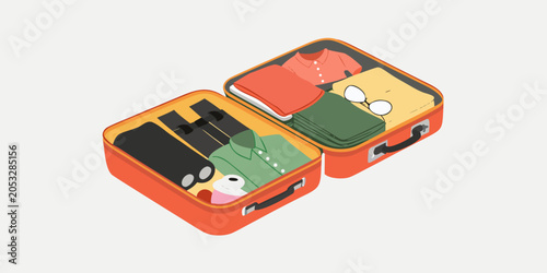 Εκτύπωση καμβά Open suitcase packed with clothing isometric vector illustration