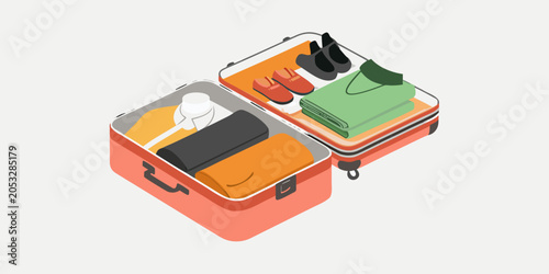 Photography Isometric Suitcase With Packed Clothing And Shoes Vector Illustration