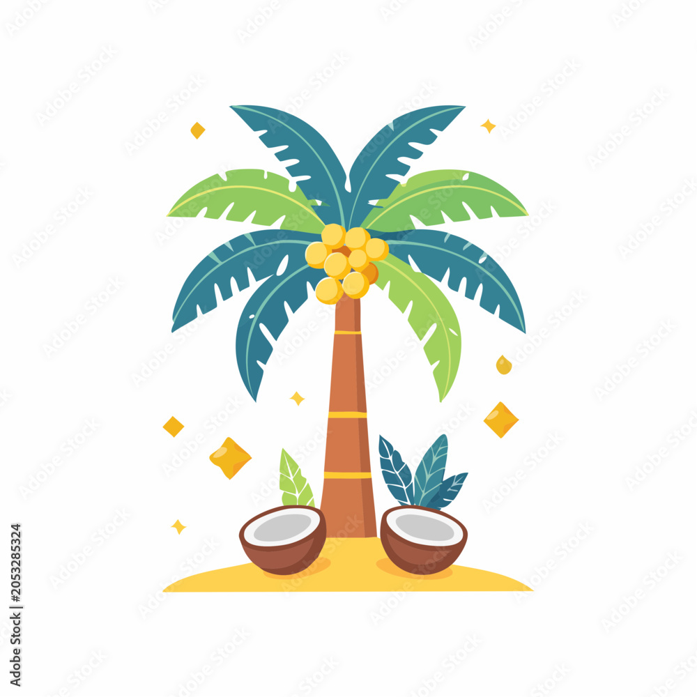 Fototapeta premium Stylized Coconut Palm Tree with Coconuts and Tropical Leaves