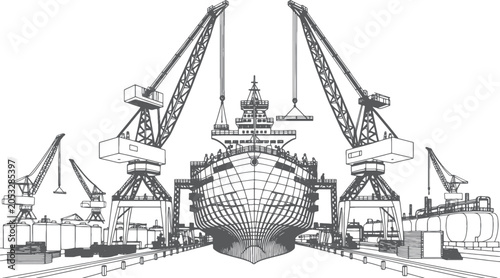 Cuadro en lienzo Industrial Shipbuilding Plant Line Art Illustration with Dry Dock, Cargo Vessel