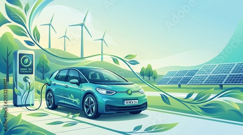 Electric car charging at sustainable station with solar panels and wind turbines in a green eco friendly landscape background illustration