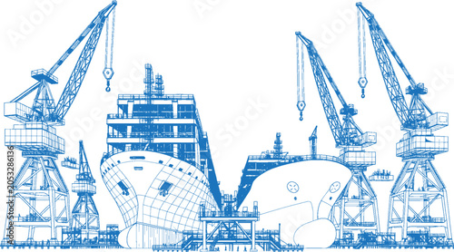 Cuadro en lienzo Industrial Shipbuilding Plant Line Art Illustration with Dry Dock, Cargo Vessel
