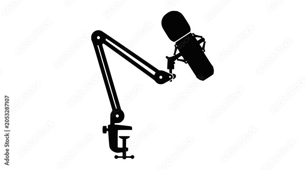 Naklejka premium Adjustable desk microphone boom arm silhouette on black.