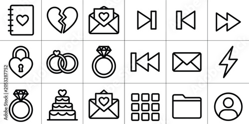 Foto User interface line icon set featuring romantic wedding and love symbols mixed w