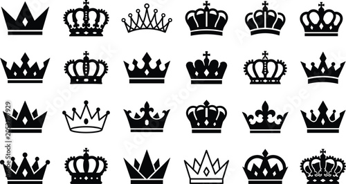 Slika na platnu Royal crowns silhouette vector collection with medieval king queen tiara majesti