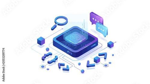 Isometric Artificial Intelligence Processor Concept Representing Machine Learning Data Analysis and Software Programming Development