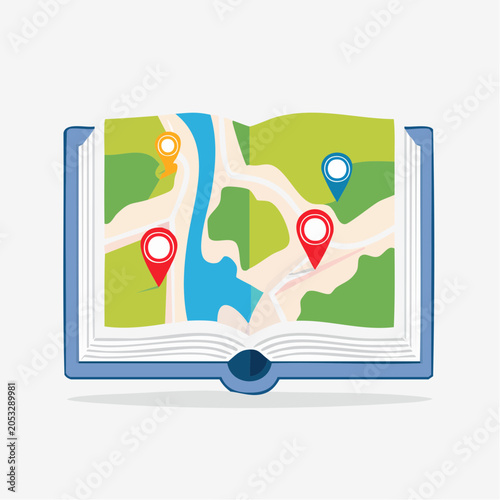 Open Book with Map and Location Pins